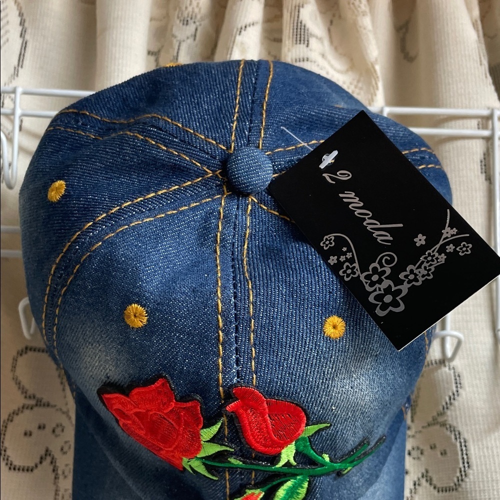 New With Tag Blue Denim Cap with Red and Yellow Embroidery Roses - Picture 2 of 7